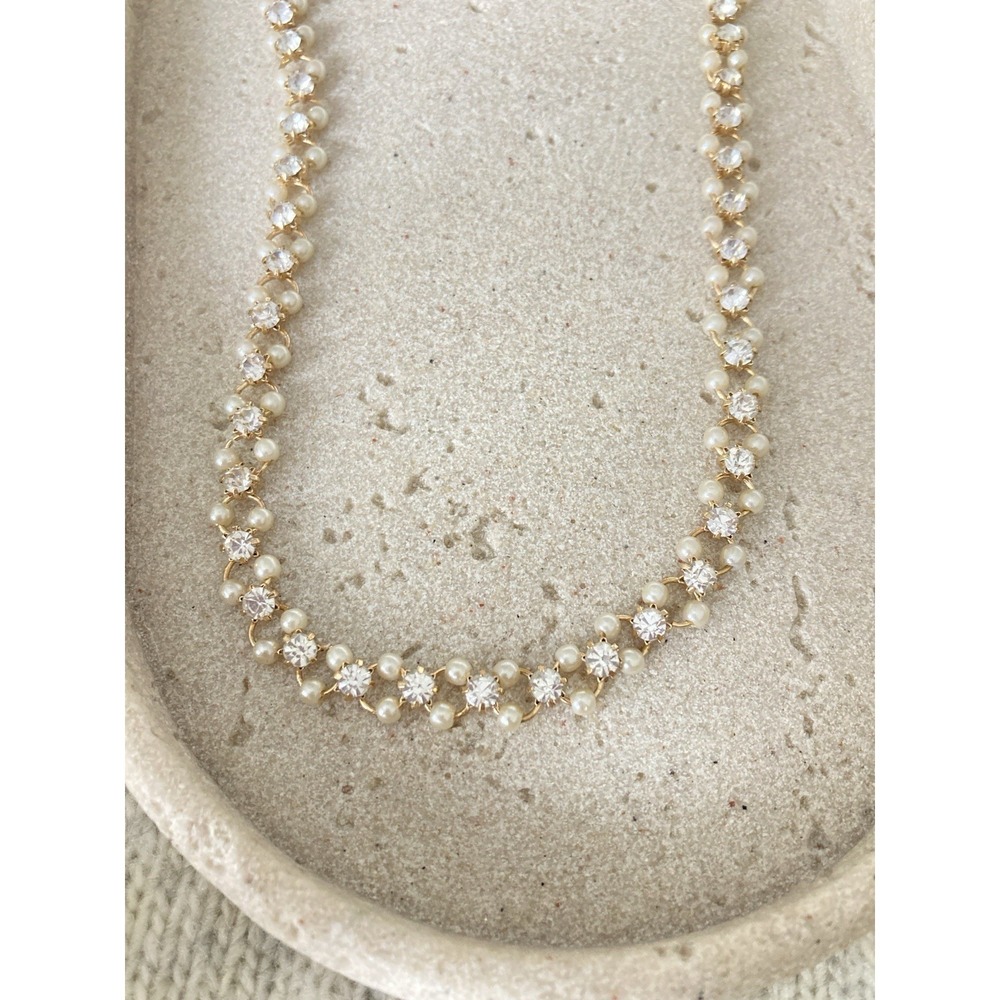 Gold‎ Tone Faux Pearl Rhinestone Necklace Dainty Bridal Romantic Event Party